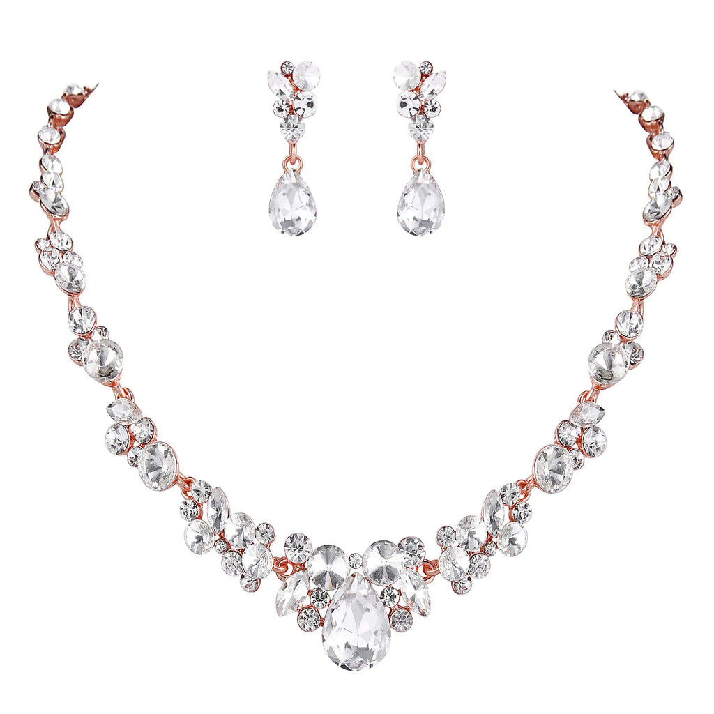 EVER FAITH Rhinestone Crystal Bridal Floral Teardrop Necklace Earrings Set Clear Rose Gold-Tone