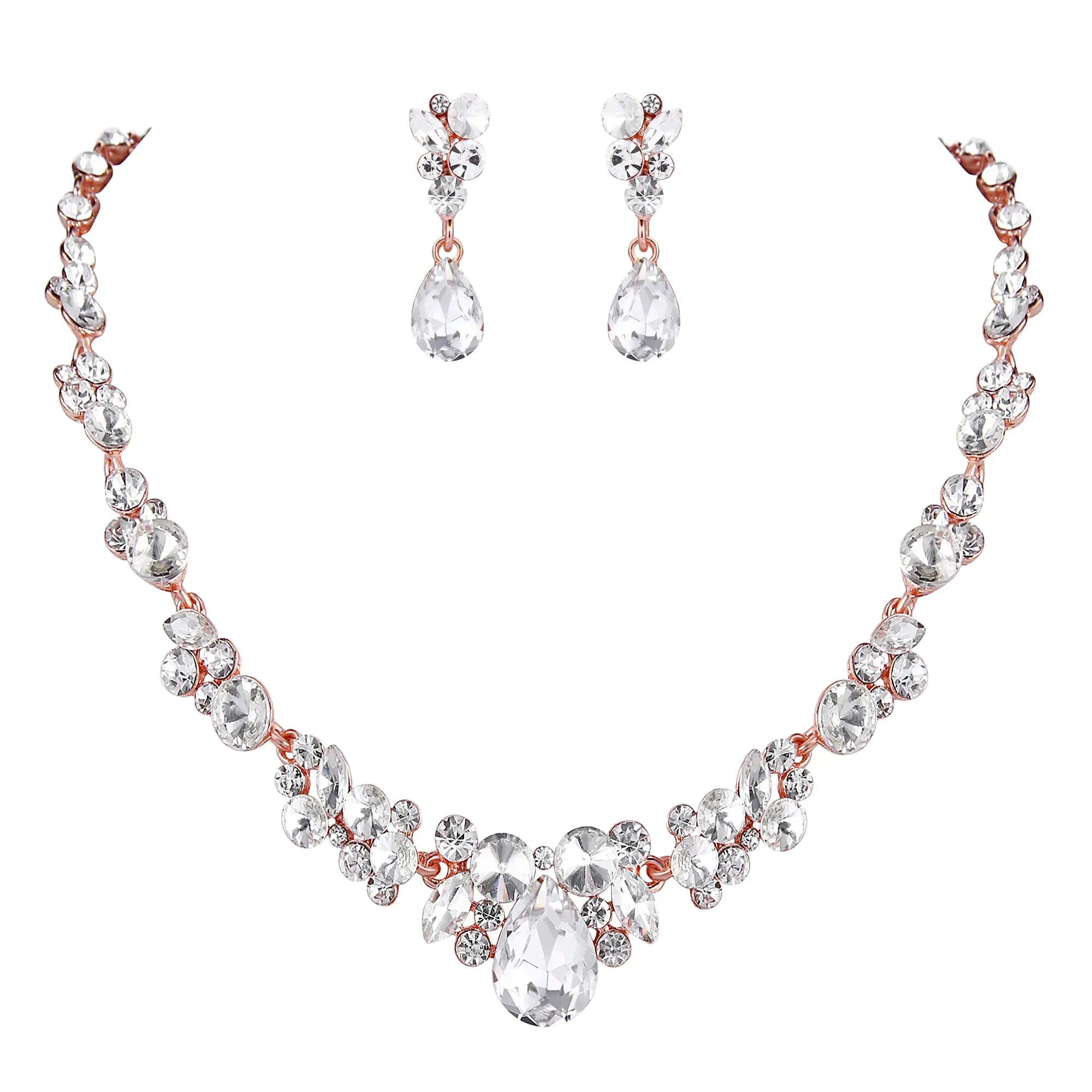 EVER FAITH Rhinestone Crystal Bridal Floral Teardrop Necklace Earrings Set Clear Rose Gold-Tone