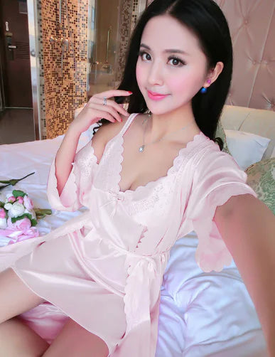 Silk Robe and Nightgown Set with Lace Details for Women