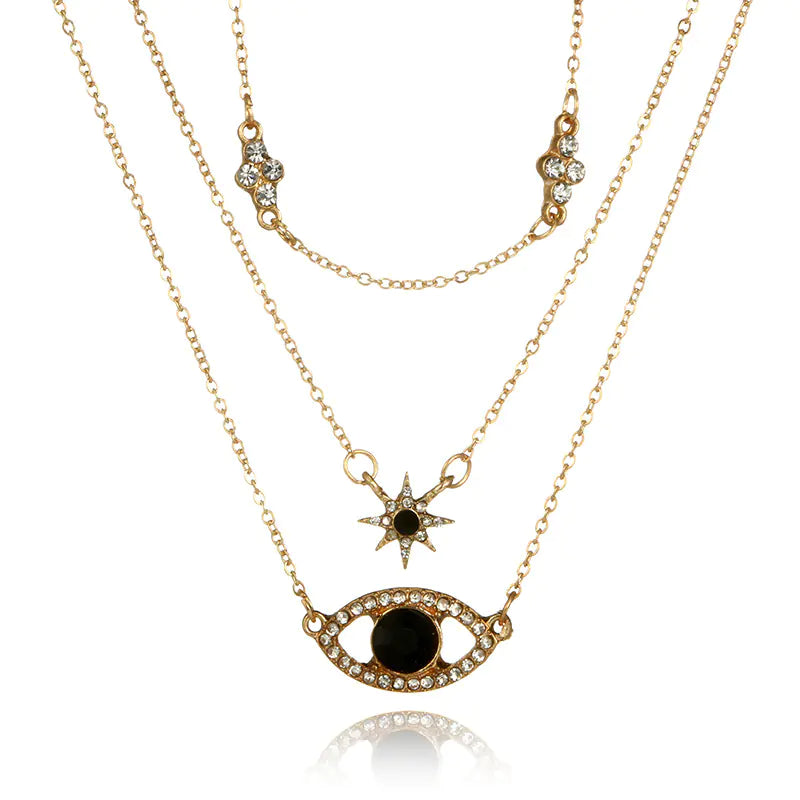 Three-Layer Lock Necklace with Diamond Cross and Star Pendant