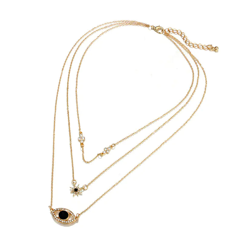 Three-Layer Lock Necklace with Diamond Cross and Star Pendant