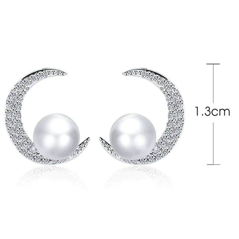 Fresh Moon Pearl Stud Earrings with Zirconium and Silver