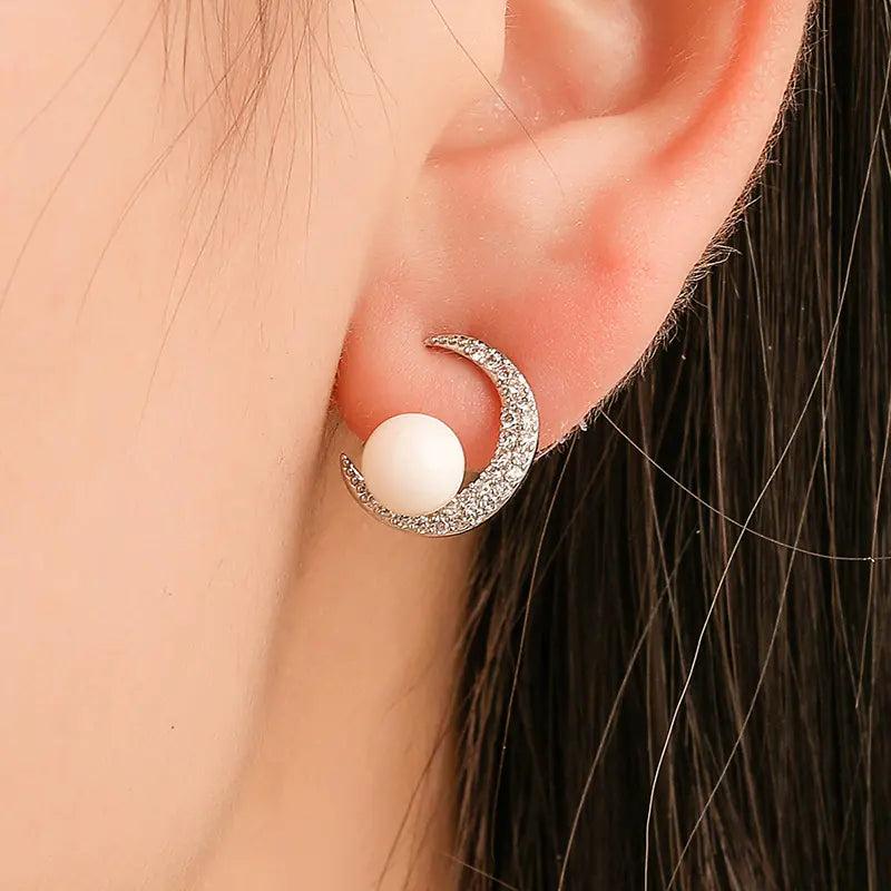 Fresh Moon Pearl Stud Earrings with Zirconium and Silver