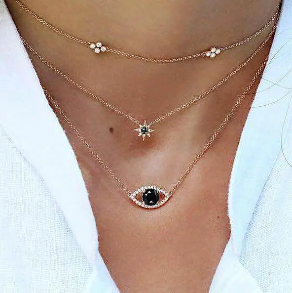 Three-Layer Lock Necklace with Diamond Cross and Star Pendant