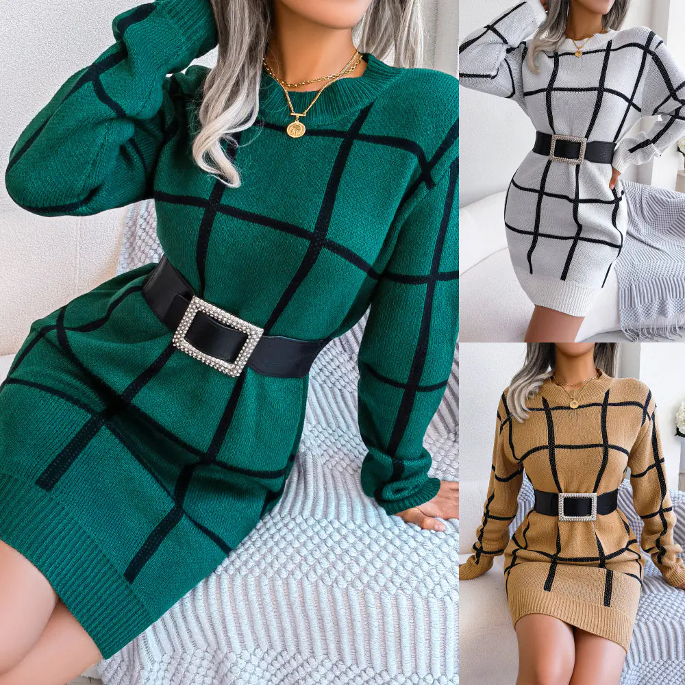 Casual Color-Contrast Plaid Long Sleeve Sweater Dress