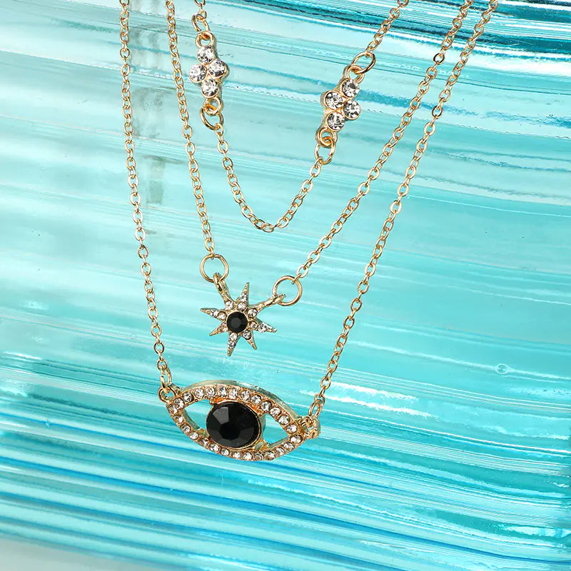 Three-Layer Lock Necklace with Diamond Cross and Star Pendant
