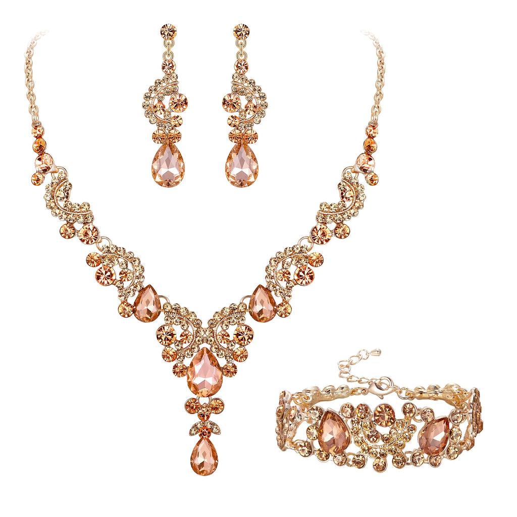 EVER FAITH Wedding Jewerly for Bride Rhinestone Crystal Art Deco Floral Teardrop Bridal Necklace Earrings Bracelet Set Champagne Rose Gold-Tone