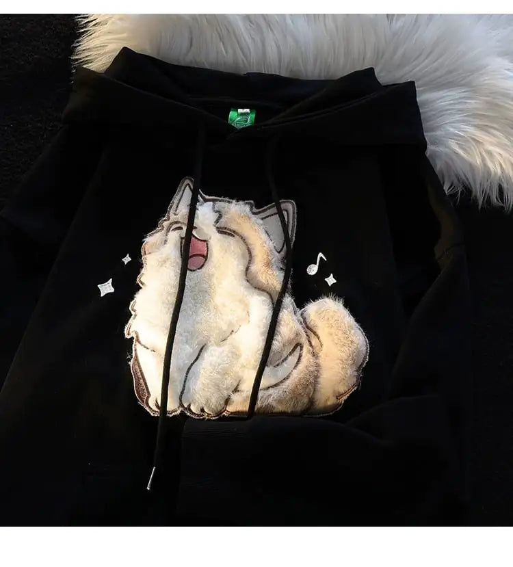 Embroidered Kitten Women's Fleece-lined Hooded Sweatshirt