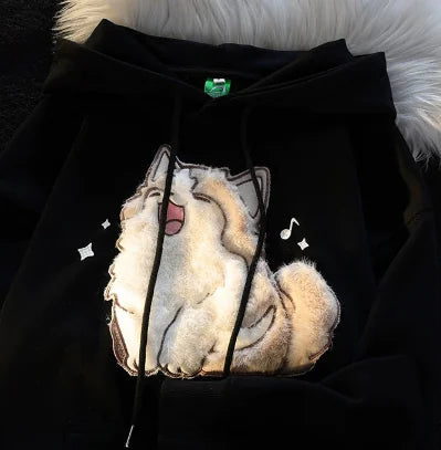 Embroidered Kitten Women's Fleece-lined Hooded Sweatshirt