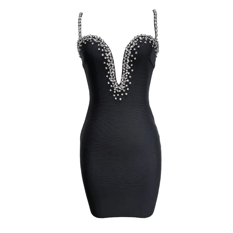 Black Suspender Diamond Elastic Slim Bandage Dress