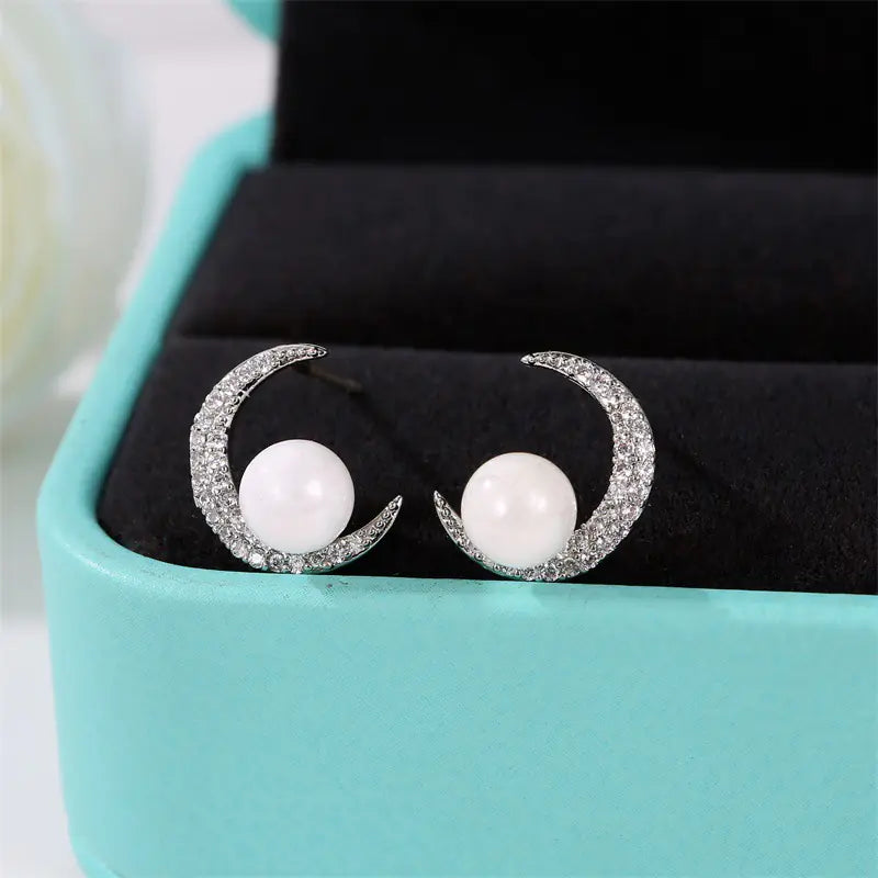 Fresh Moon Pearl Stud Earrings with Zirconium and Silver