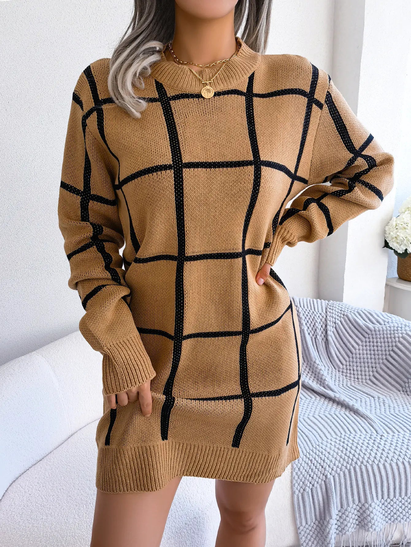 Casual Color-Contrast Plaid Long Sleeve Sweater Dress