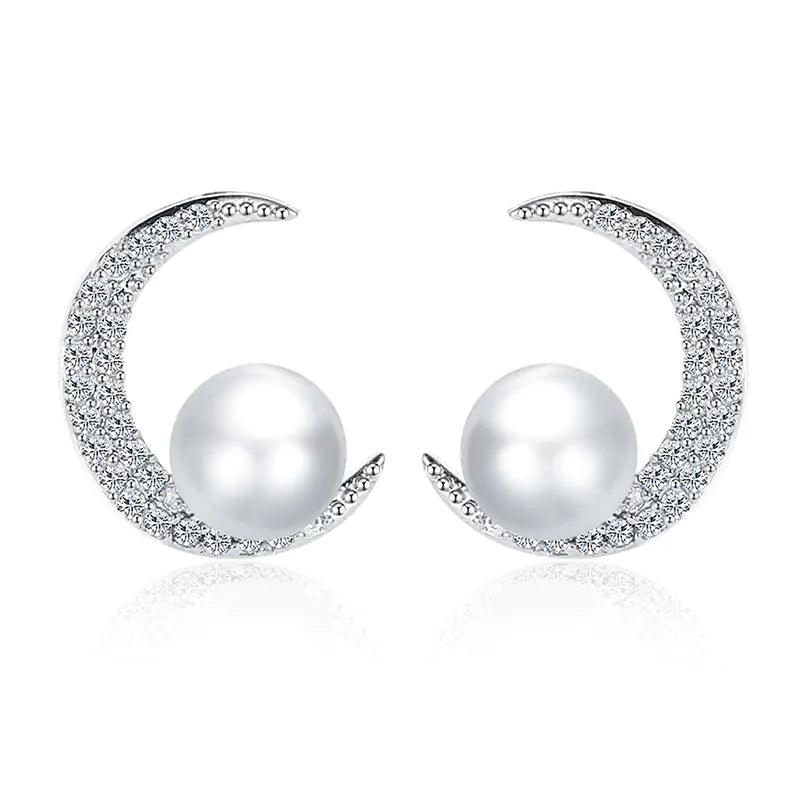 Fresh Moon Pearl Stud Earrings with Zirconium and Silver