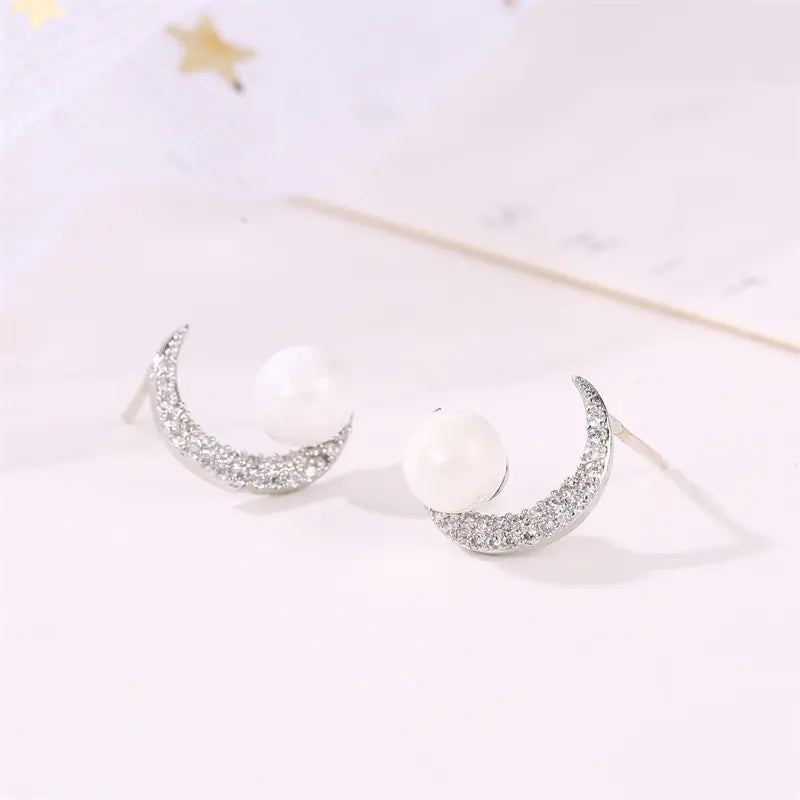 Fresh Moon Pearl Stud Earrings with Zirconium and Silver