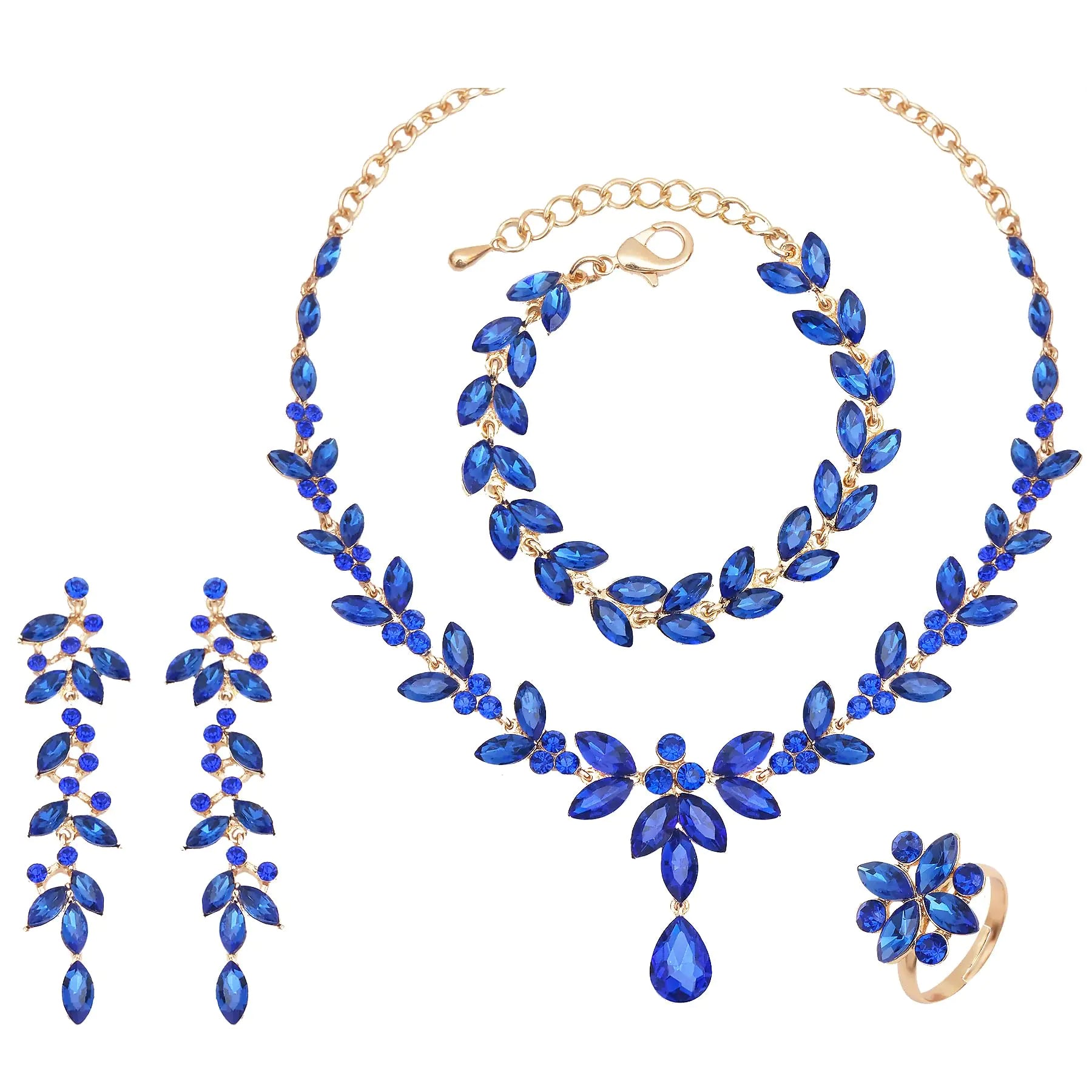 CSY 4 Pcs Elegant Bridal Jewelry Sets Austrian Marquise Crystal Wedding Necklace Dangle Earrings Tennis Bracelet Ring Set for Bride Women Costume Accessories (royal blue-gold tone)