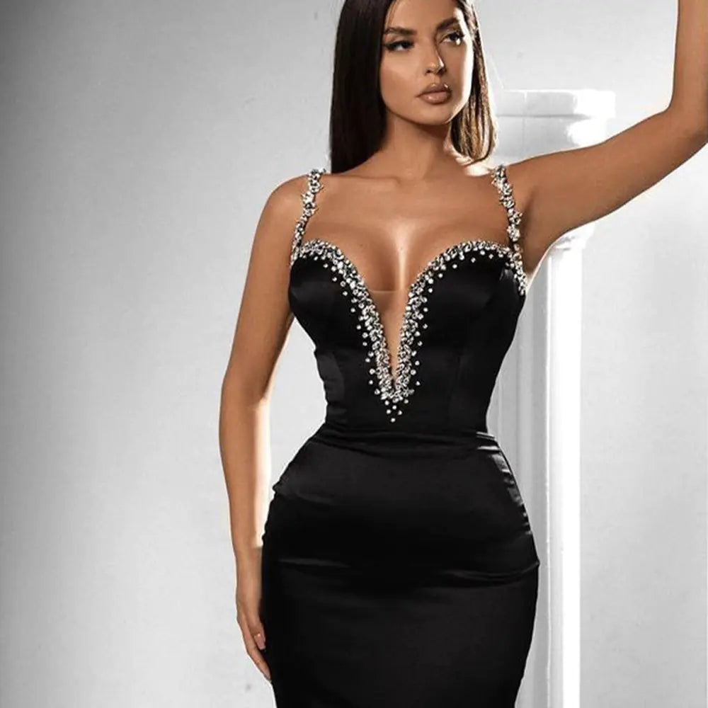 Black Suspender Diamond Elastic Slim Bandage Dress